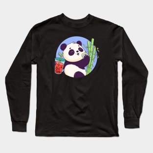 The cute panda enjoys bubble tea and a donut among bamboo trees Long Sleeve T-Shirt